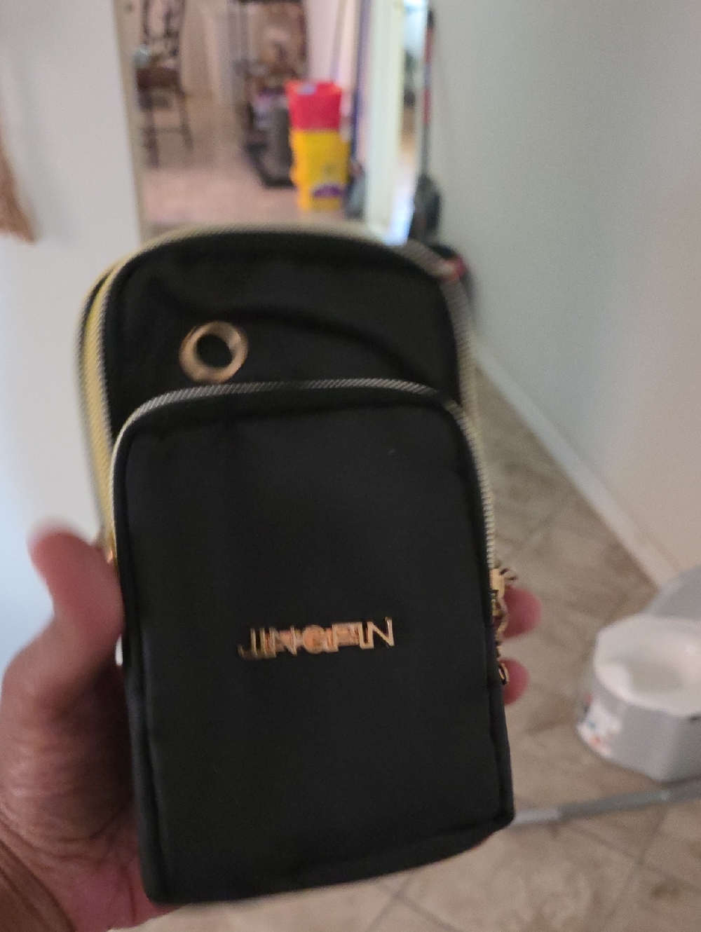 Black Crossbody Phone Bag with Gold Logo